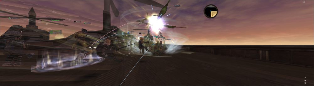 A group fighting Horizonxi's highwind airship boss as the sun sets
