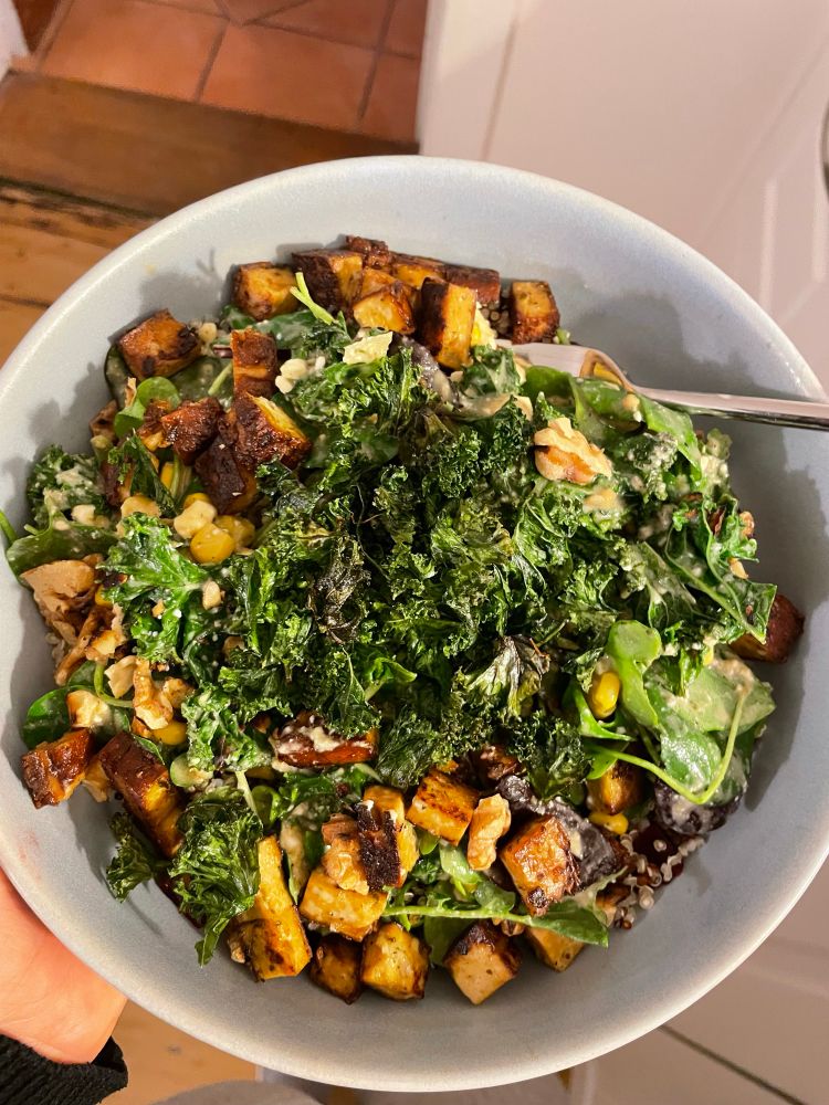 Abendessen heute Salat. Auf dem Teller zu sehen ist Grünkohl Winter-Mix Salat mit Schwarzwald Tofu & Walnüssen in der Pfanne angebraten dazu noch Mais, Schafskäse und ein Honig-Senf Dressing mit Avocado. Unten drunter liegt noch gekochte rote Beete & Quinoa. Oben drauf liegen noch Grünkohl Chips für den crunsh. 

