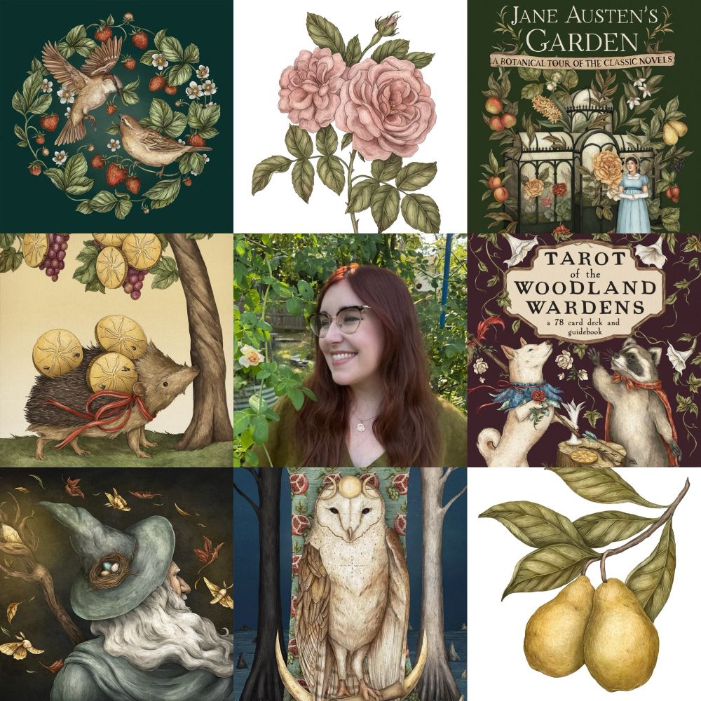 A grid of nine square images. At the center is a photo of the artist, Jessica Roux, smiling with glasses in a green dress and red hair in her garden. The other squares all show illustrations that were published in 2025, including several from Tarot of the Woodland Wardens and the book Jane Austen’s Garden. 