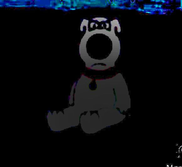 A darkened photo of Brian Griffin, a white dog with a red collar, staring straight at the camera angrily.