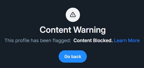 Screenshot von Bluesky-Account von @realalbundy.bsky.social mit dem Text "Content Warning - This profile has bin flagged: Content Blocked".