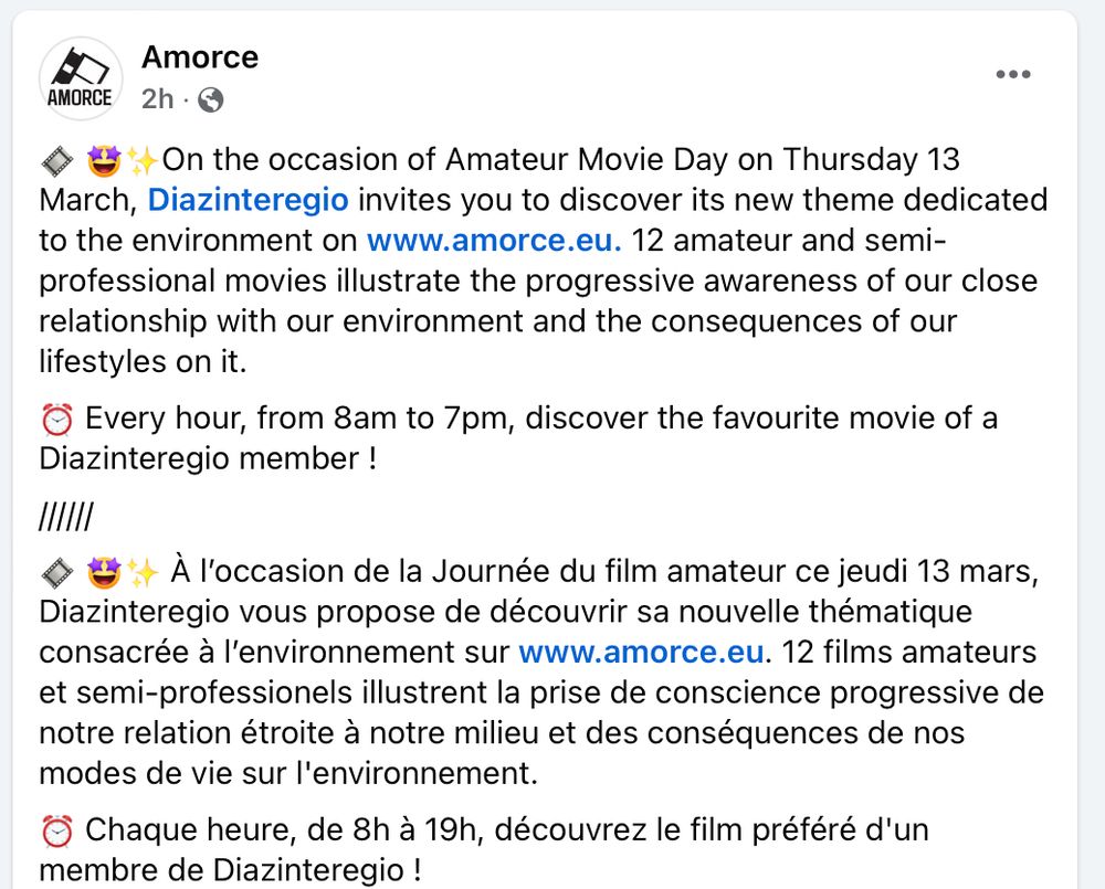 Social media post from Amorce- each hour they post a new amateur film on environmental themes.