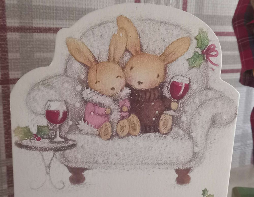 The front of a Christmas card, two bunnies are cuddling on a white sofa, they have a glass of wine each and are wearing chunky jumpers.