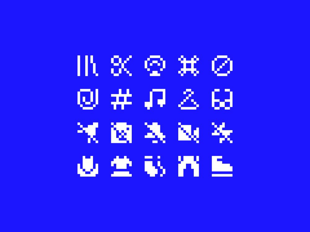 5 by 4 grid of pixelated 8-bit white icons on blue background.