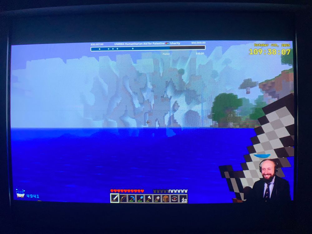 photo of my CRT monitor displaying Kurt’s stream as the Far Lands appear in the distance