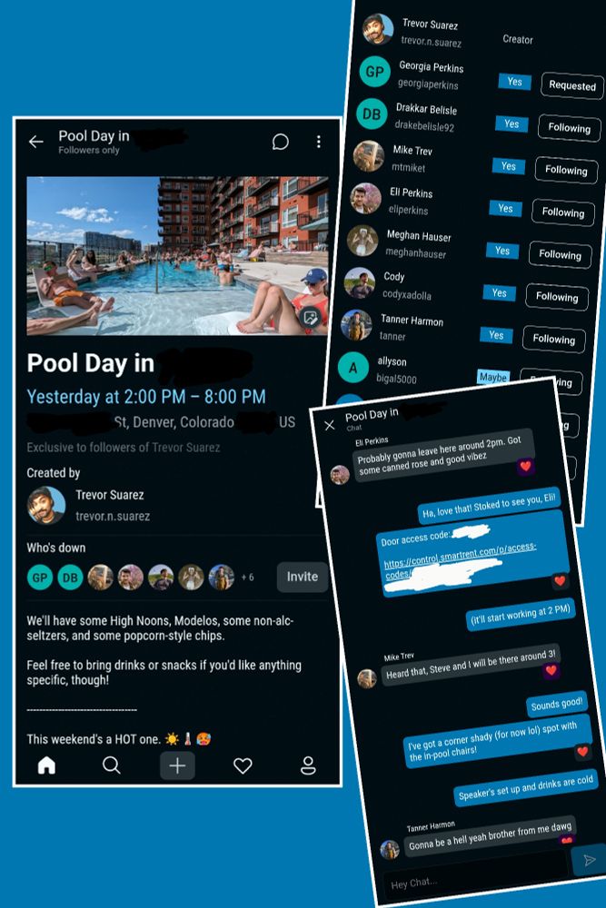 A collection of 3 screenshots from a "Pool Day" event in the Downtemp app. It shows the main event screen, the invitees list, and the group chat.