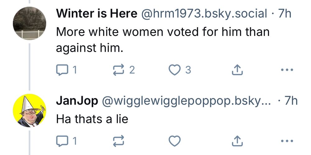 Winter is Here: “More white women voted for him than against him.”

JanJop: “Ha that’s a lie.”