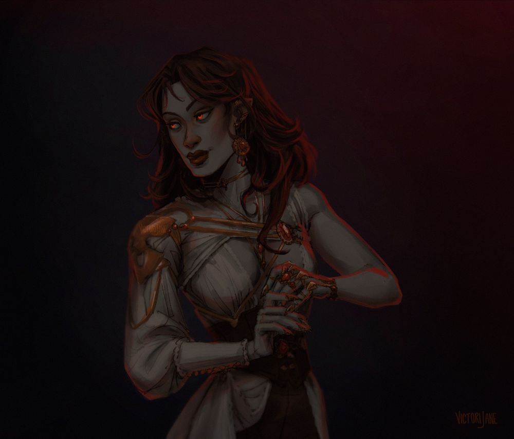 A dimly lit illustration of a dhampir woman. She's beautiful and definitely evil. She has lightly curled brown hair, pale skin, and glowing red eyes, and wears an open white shirt and gold body jewelry. She looks towards camera left, hands playing with her rings. She is backlit in red.