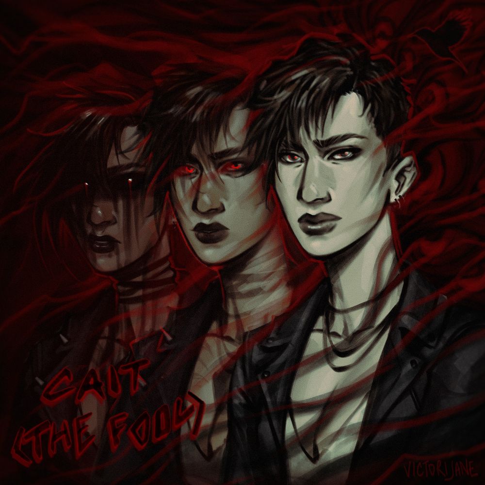 And illustrated portraits featuring 3 versions of the same female character from a ttrpg. She is pale and has short spiked black hair, a leather jacket and 3 choker necklaces. The portrait on the far right is just her, the middle is her slightly changed: glowing red eyes and longer darker hair. The portrait on the far right is mostly obscured in shadow, black eyed with red pupils, black makeup dripping from her eyes. The chokers have tightened, cutting into her skin. The background is black red smoke, engulfing the edges of all 3 portraits. The text reads: Cait (The Fool).