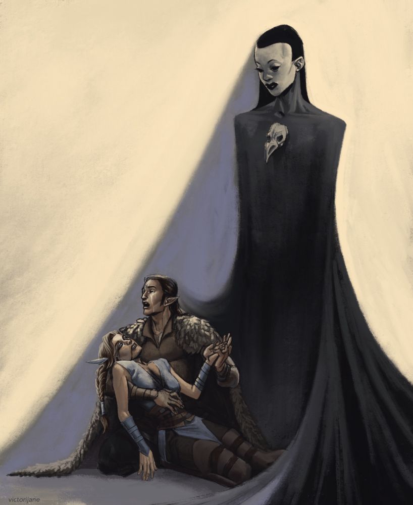 An illustration of Vex and Vax, the elven twin characters from Critical Role campaign 1. In the scene, Vex is dying in Vax's arms, black ichor leaking from her eyes and chest wound. Vax is sobbing. The Goddess, The Matron of Ravens, is stood behind the twins, looking on passively behind a bone white mask. Her shadow casts over them both.