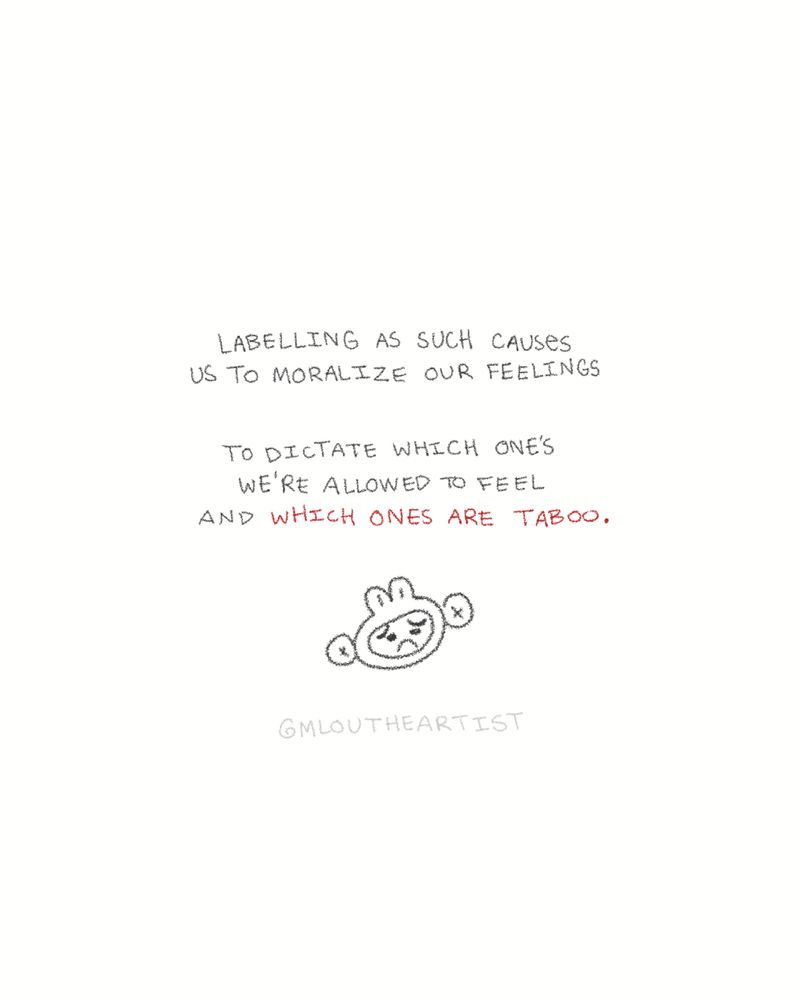 drawing of a human in an animal hat with a sad expression. text reads: labelling as such causes us to moralize our feelings. to dictate which ones we're allowed to feel and which ones are taboo.