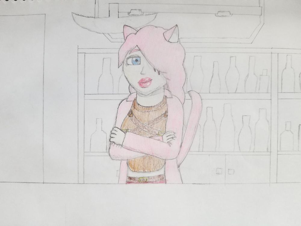 A woman with pink hair and cat ears, a blue right eye with black smoky eyeshadow, bright red gently smiling lips, and clawlike scars over her left eye mostly covered by her hair stands behind a bar with her arms crossed. She's wearing a pink waistcoat over brown leather armor, and has a pink cat tail up behind her. In the background, in black and white, are shelves with numerous bottles (presumably alcohols and drinks), there's a doorway on her right, and above her head is a bardiche hanging on a plaque.