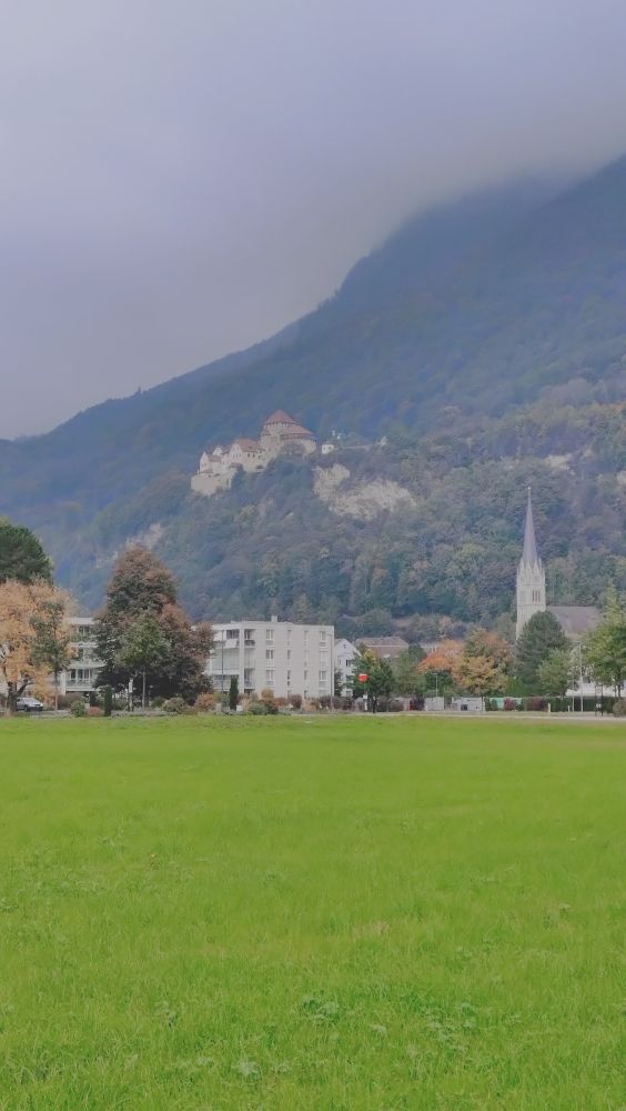 Burg Vaduz mit sehr grüner Wiese im Vordergrund.
