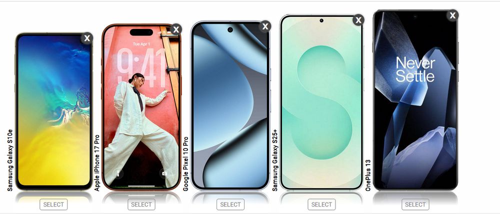 phonesized.com comparisons of the Galaxy S10E, iPhone 17 Pro, Pixel 10 Pro, Galaxy S25+, OnePlus 13