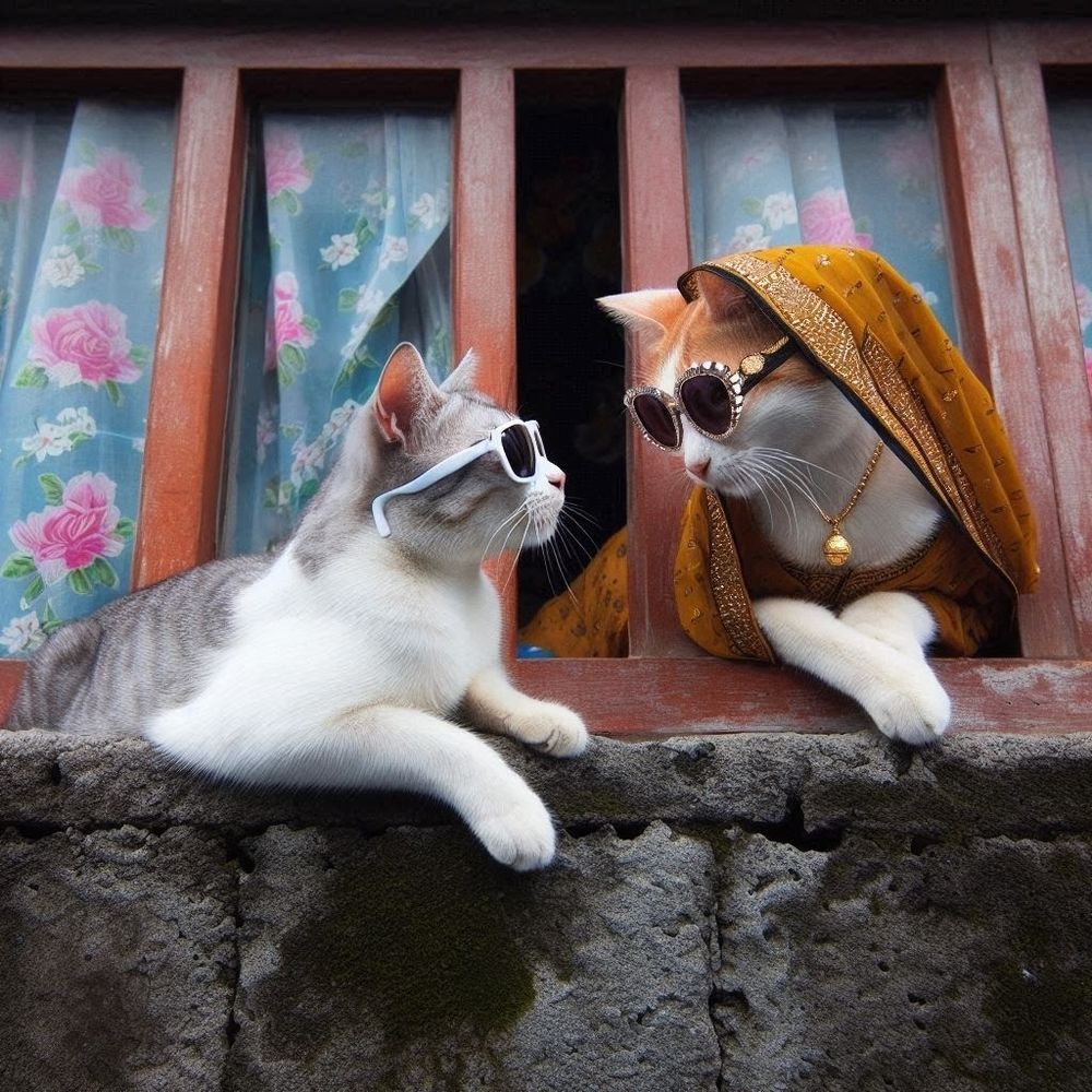 Um gato em cima do muro usando óculos escuros olhando para uma gata na janela que também usa óculos escuros.