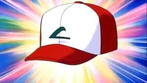 The hat is a red hat with a white front and the Indigo Plateau swoosh on a coloruf anime bursting background.
