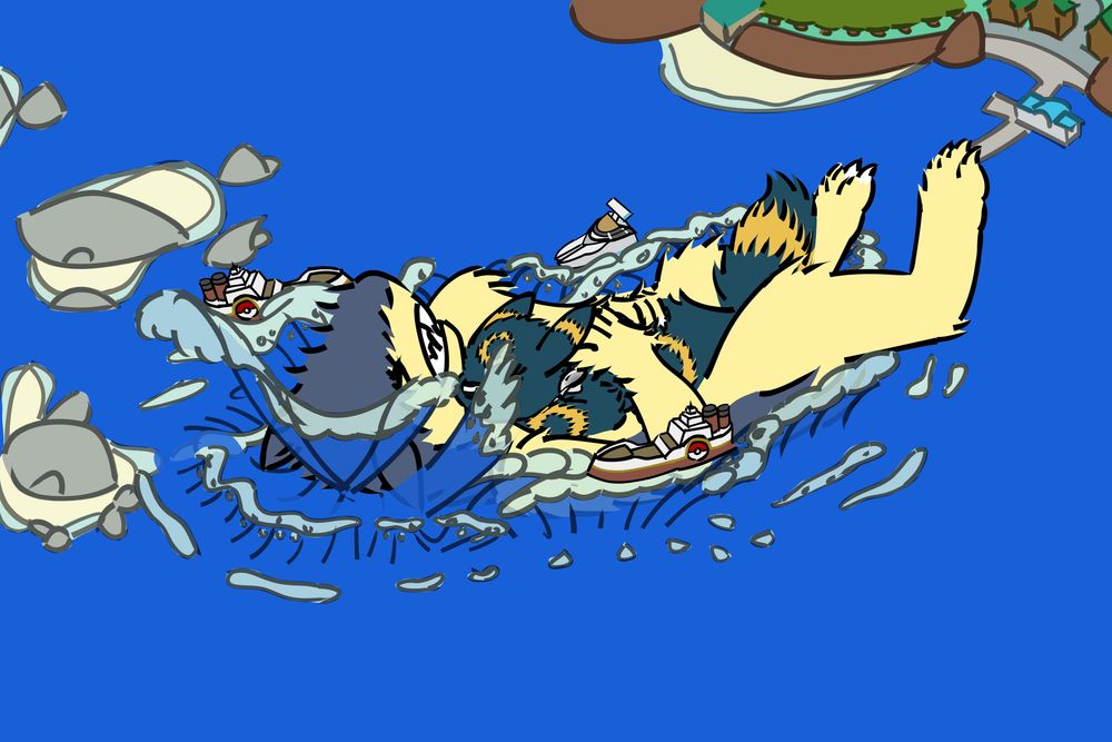 The colossal Typhlosion falls backwards into the sea, hugging Umbreon to keep him safe, displacing HUGE waves that tower over the Whirl Islands and sweep away two Libra-class ships and the SS Aqua!