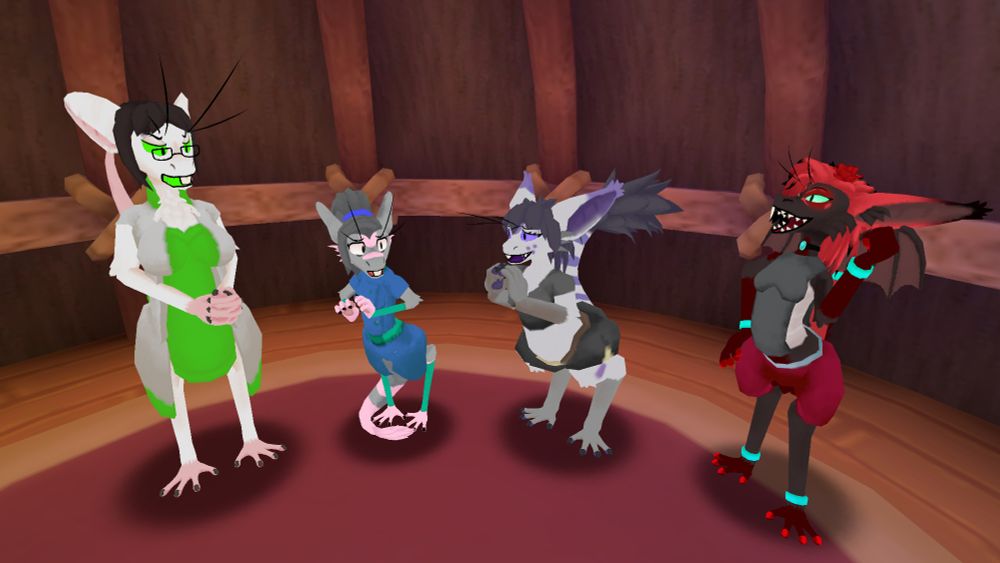 Penny Kaiser, Rel Hermes, Xena Snowscale, and Rose Styla all as Yinglets.

Penny looks agitated, folding her hands in front of herself while glaring at Xena and Rose. Rel is nervous and fidgeting. Xena looks apologetic, holding her hands together near her face. Rose, meanwhile, looks awfully smug and happy about this situation.