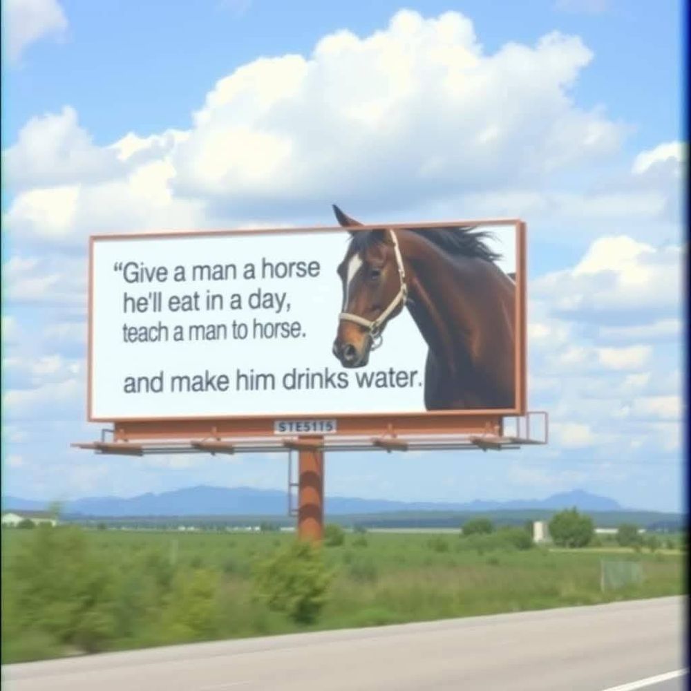 Give a man a horse he'll eat in a day, teach a man to horse. And make him drinks water