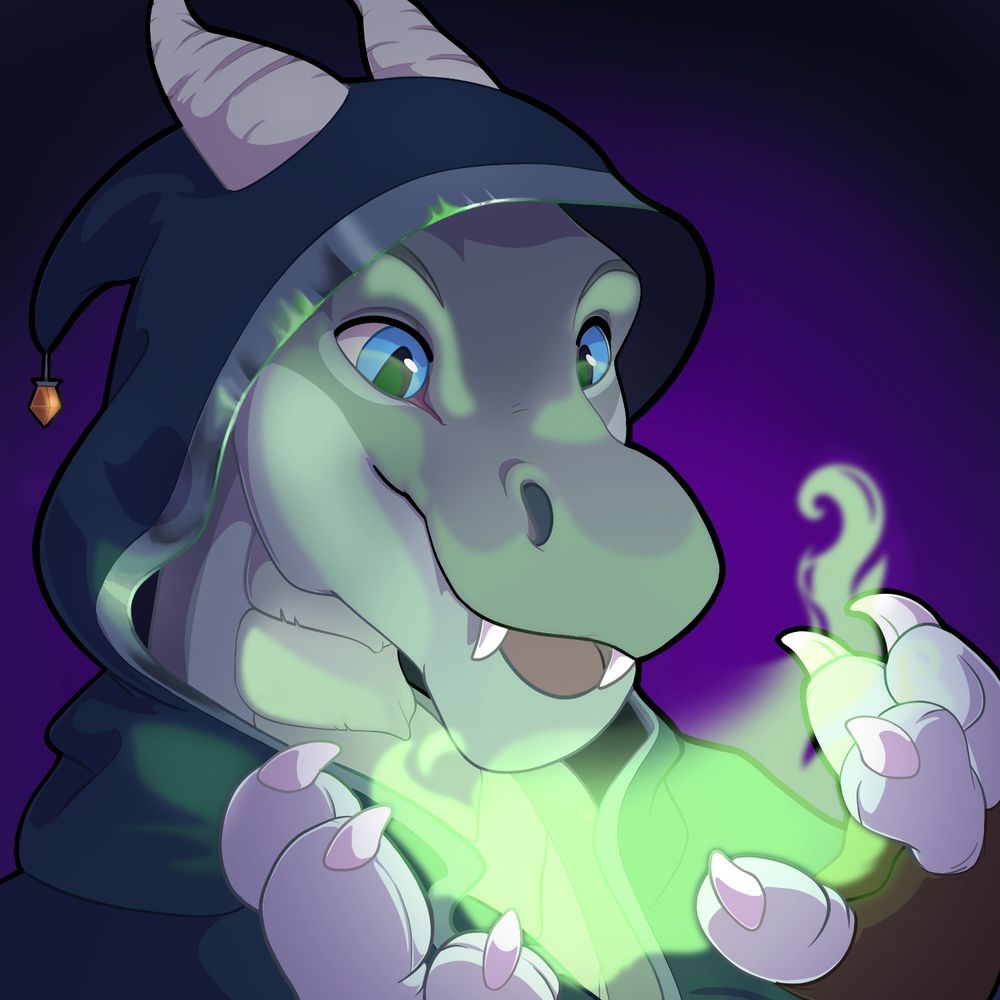 Bust of a grey anthro dragon in a dark blue hooded robe holding a glowing green flame.