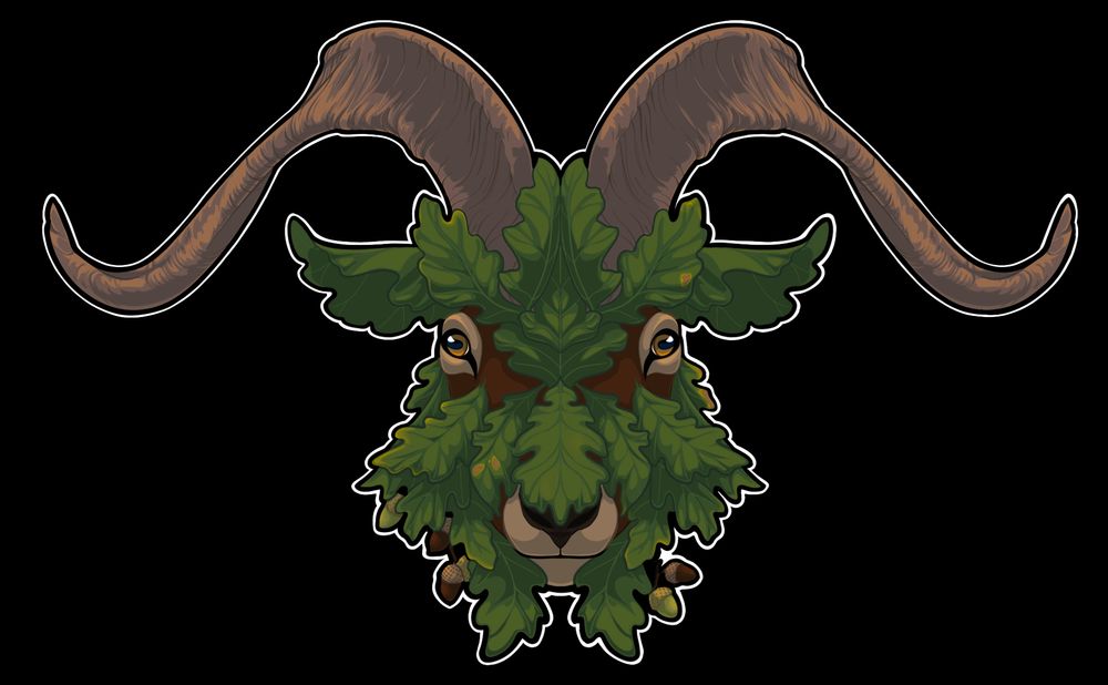 A goat head with English oak tree leaves and acorns making up some of its features