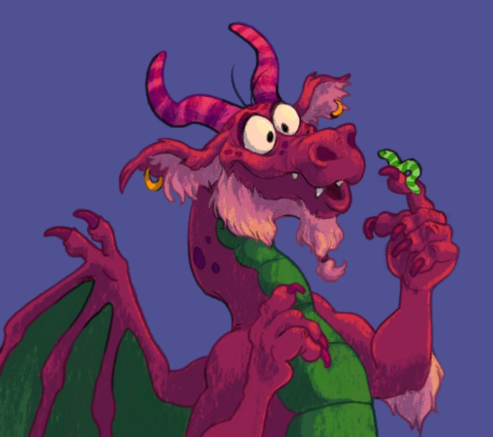 Rough drawing of a pink and green dragon in a muppet like style holding a little green worm