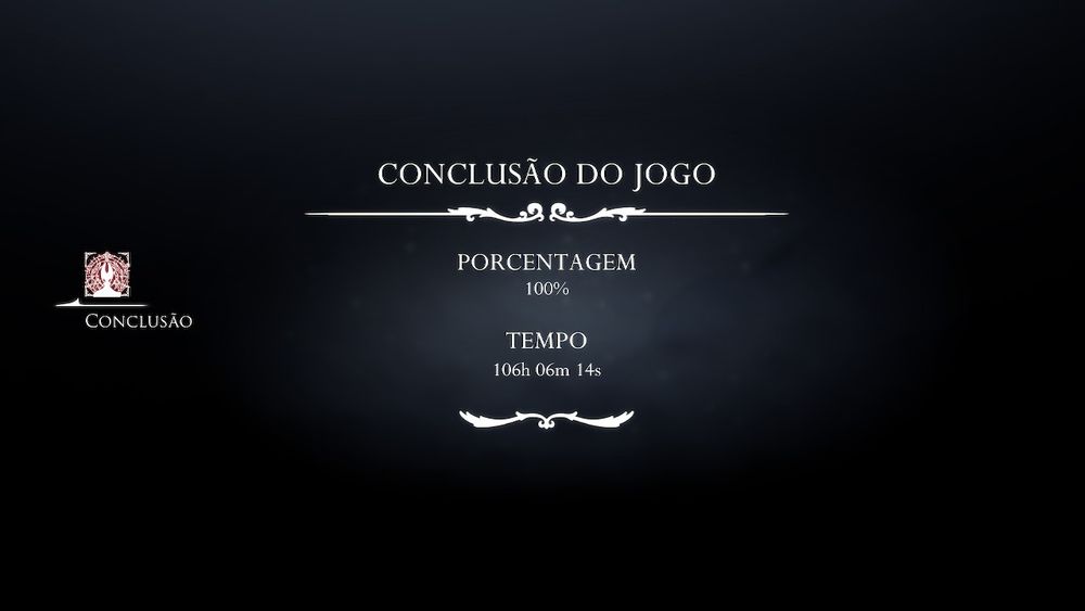 Tela de conclusão do jogo Silksong, indicando 100% de compleção em 106 horas 6 minutos e 14 segundos
