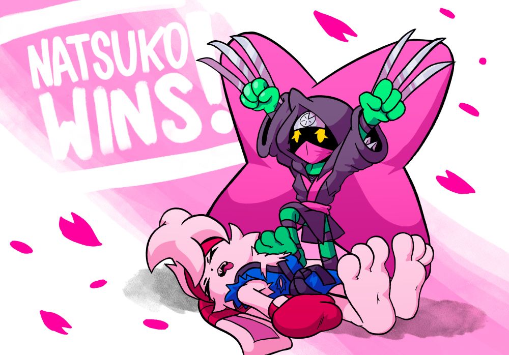 Natsuko rising her arms after having defeated Shu