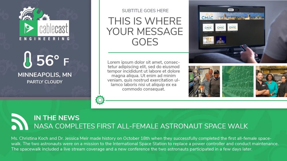 A digital bulletin board for Cablecast Engineering with three areas showcasing an RSS feed, a large message area and a weather feed. 