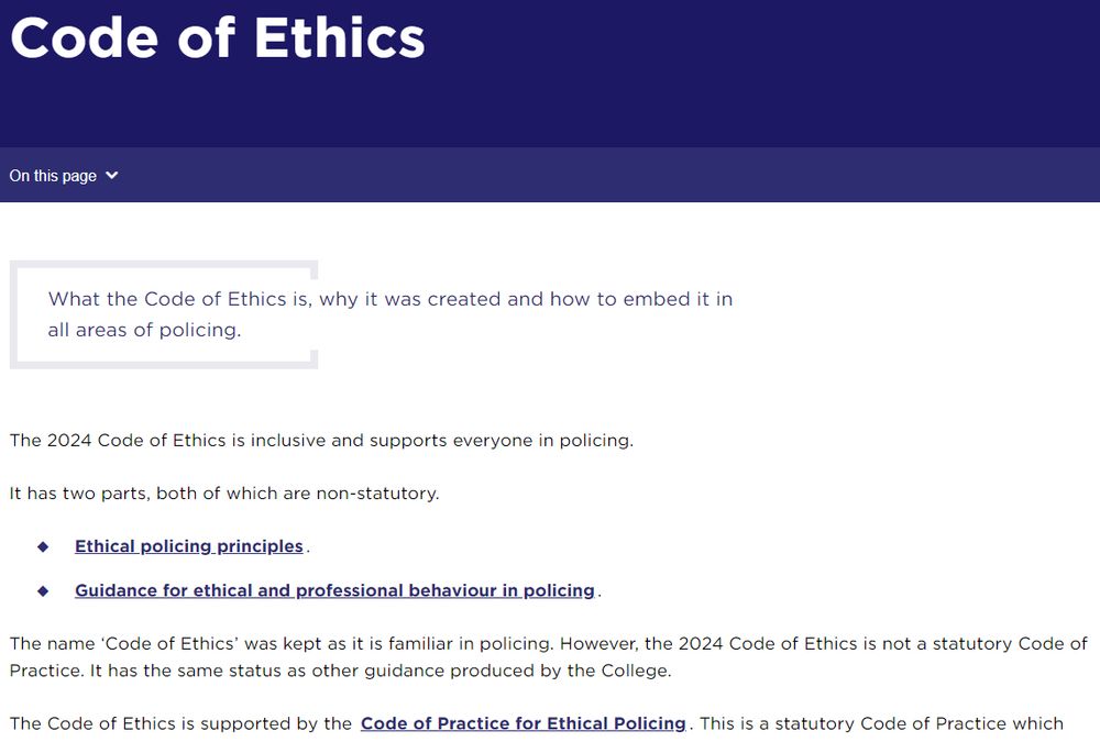 'Code of Ethics' screenshot from the webpage https://www.college.police.uk/ethics/code-of-ethics