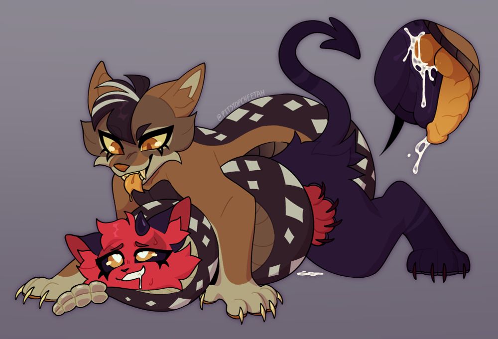 Ferris (Top) is a naga jackal with two dicks, Zacc (Bottom) is a demon cat hermaphrodite. Both use he/him