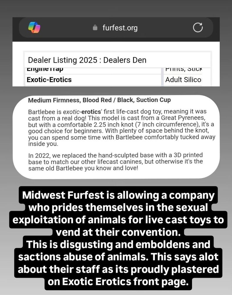 Screenshot shows MFF's dealers listing including a company known as "Exotic-Erotics" which sells dildos casted from REAL ANIMALS. The information about the live castings is easily viewable and shown on the front page of the website.