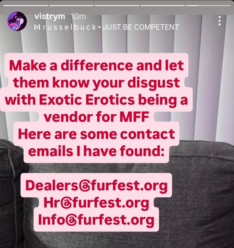 An Instagram story urging the public to email MFF to let them know how you feel about the vendor being allowed at their dealers den.