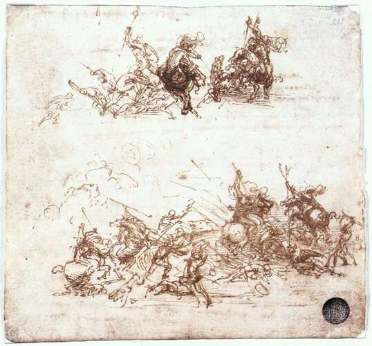 Page from a notebook showing figures fighting on horseback and on foot