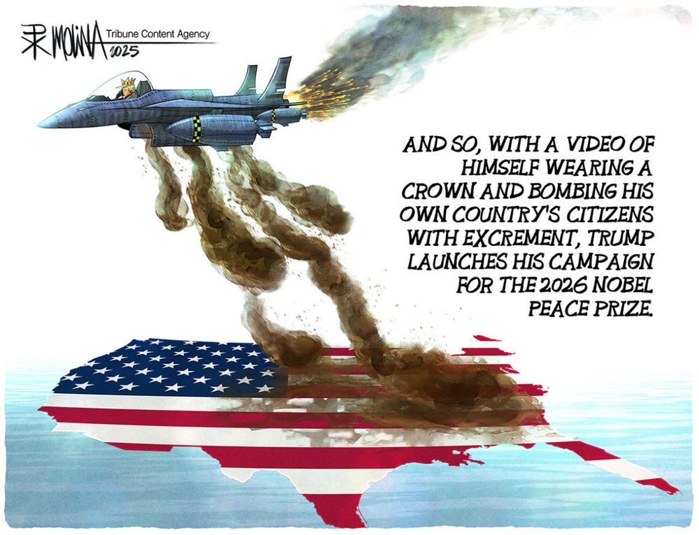 Cartoon depicting Trump’s social media post dumping feces on the American people while wearing a crown. 