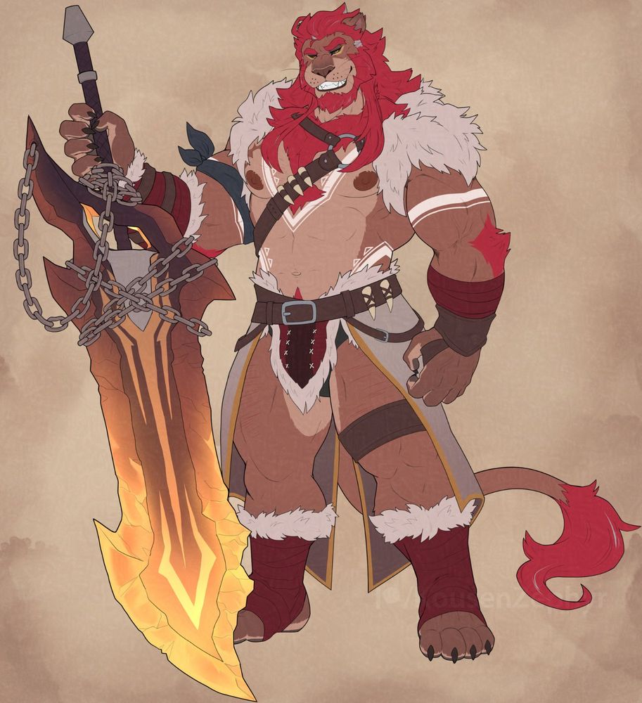 Barbarian Enzo, dressed in fitting gear for hunting and holding a huge greatsword