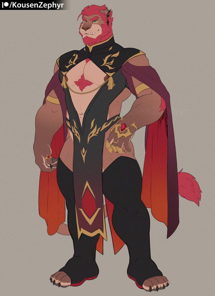 Lion Lorenzo in black garb with red interiors and gold accents. It mainly consists of a top with a diamond-shaped chest window, flowy dark red loose sleeves and black tights with expose his sides and upper thighs.