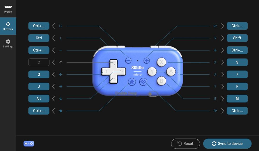 Hotkey setup menu for the controller