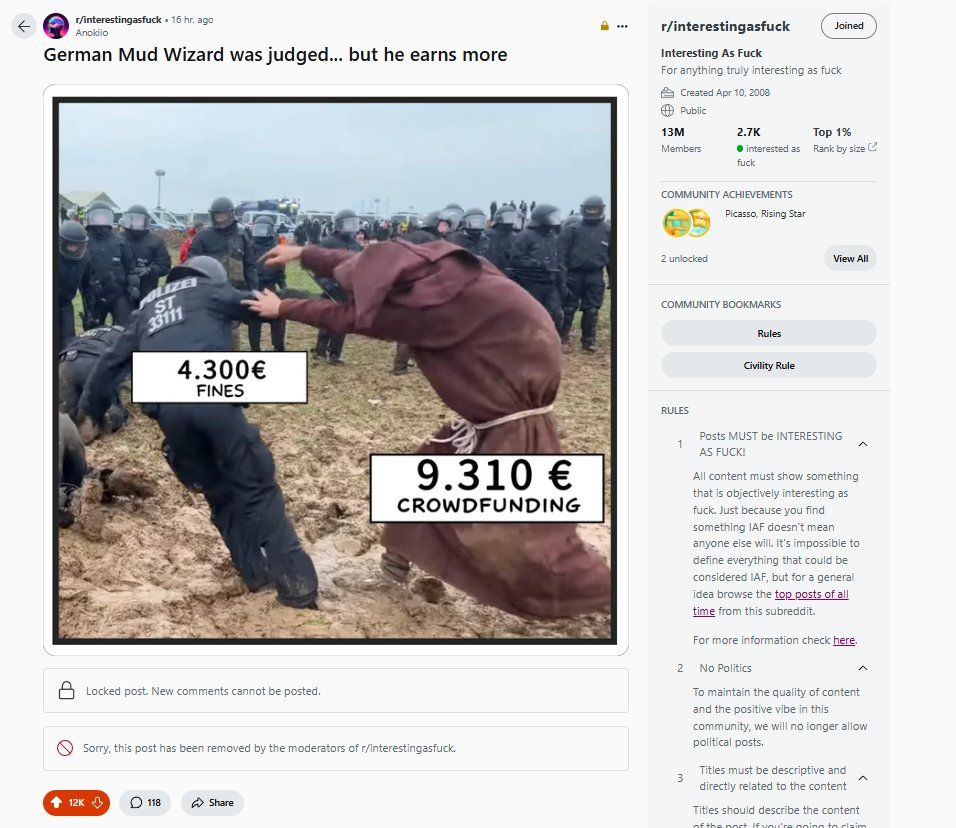 Screenshoot of a 12-million-strong Reggedit platform where the Mud Wizard, after racking up over 1.1 million views, saw his post banned and his account as well.