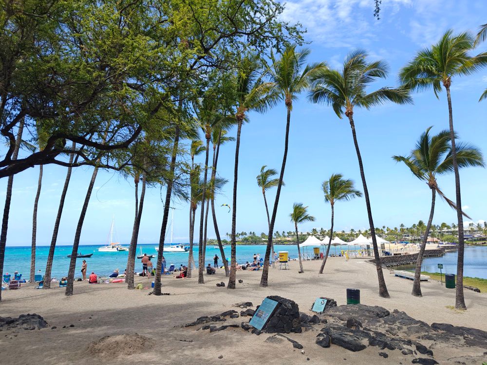 Sandy beach (Anaehoomalu Bay, or "A-Bay") with coconut palm trees. A few people on the beach are visible. Blue water + sky in the background.