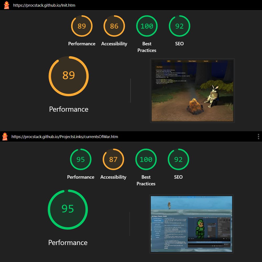 Lighthouse stats ran in chrome on two different 3d scenes / pages of my website