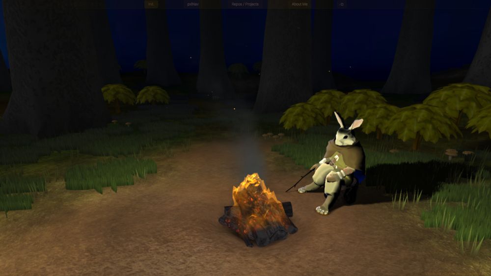 The root page's 3d scene.  Click the § on the page to hide the content and view the background.
Roughly 26,500 polygons & ~30 objects. But using instances, the base scene is  10,497 triangles and 5795 for the Druid Rabbit.