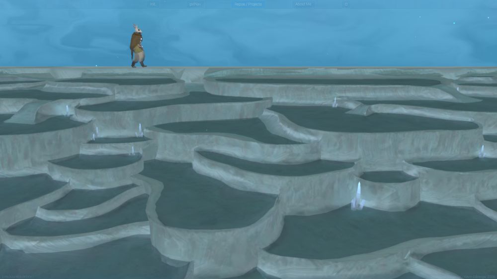 The projects & links page's 3d scene.  Click the § on the page to hide the content and view the background.
Roughly 41,000 polygons and ~70 objects. But most are meshes rendering as instances, so the base scene is 10,512 triangles and 5795 for the Druid Rabbit.