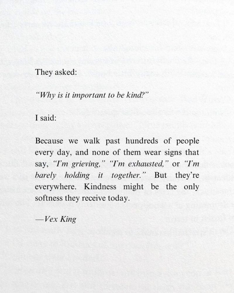They asked:
"Why is it important to be kind?"
I said:
Because we walk past hundreds of people every day, and none of them wear signs that say, "I'm grieving," "I'm exhausted," or "T'm barely holding it together." But they're everywhere. Kindness might be the only softness they receive today.
—Vex King
