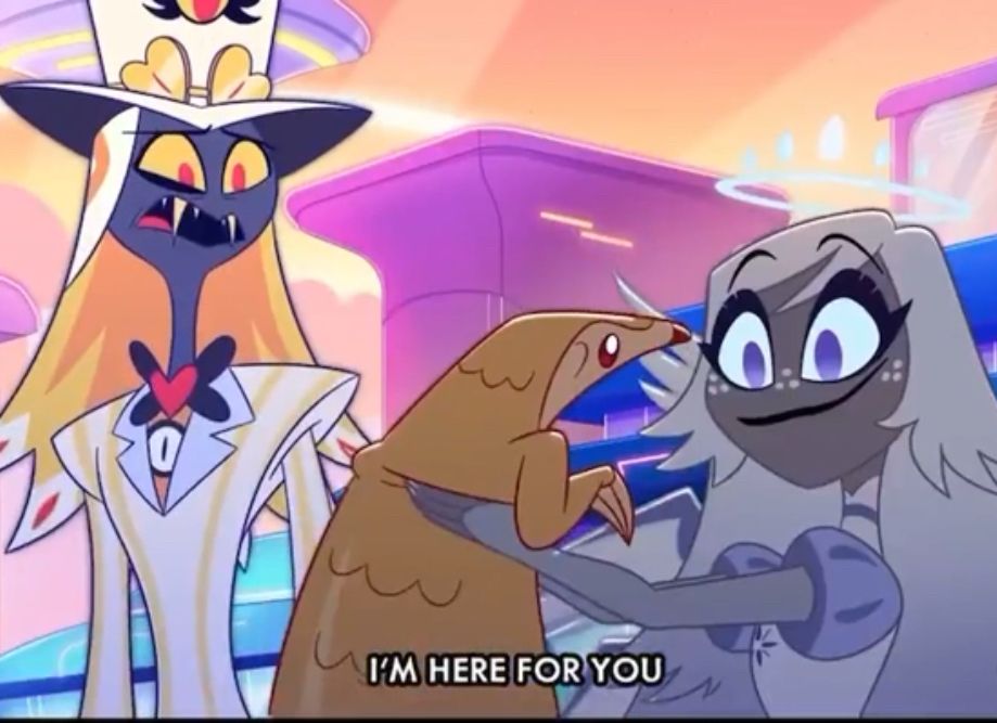 A screen shot of a clip Helluverse On Prime released today from Hazbin Hotel season 2. Sir Pentious is watching Emily hold a pangolin