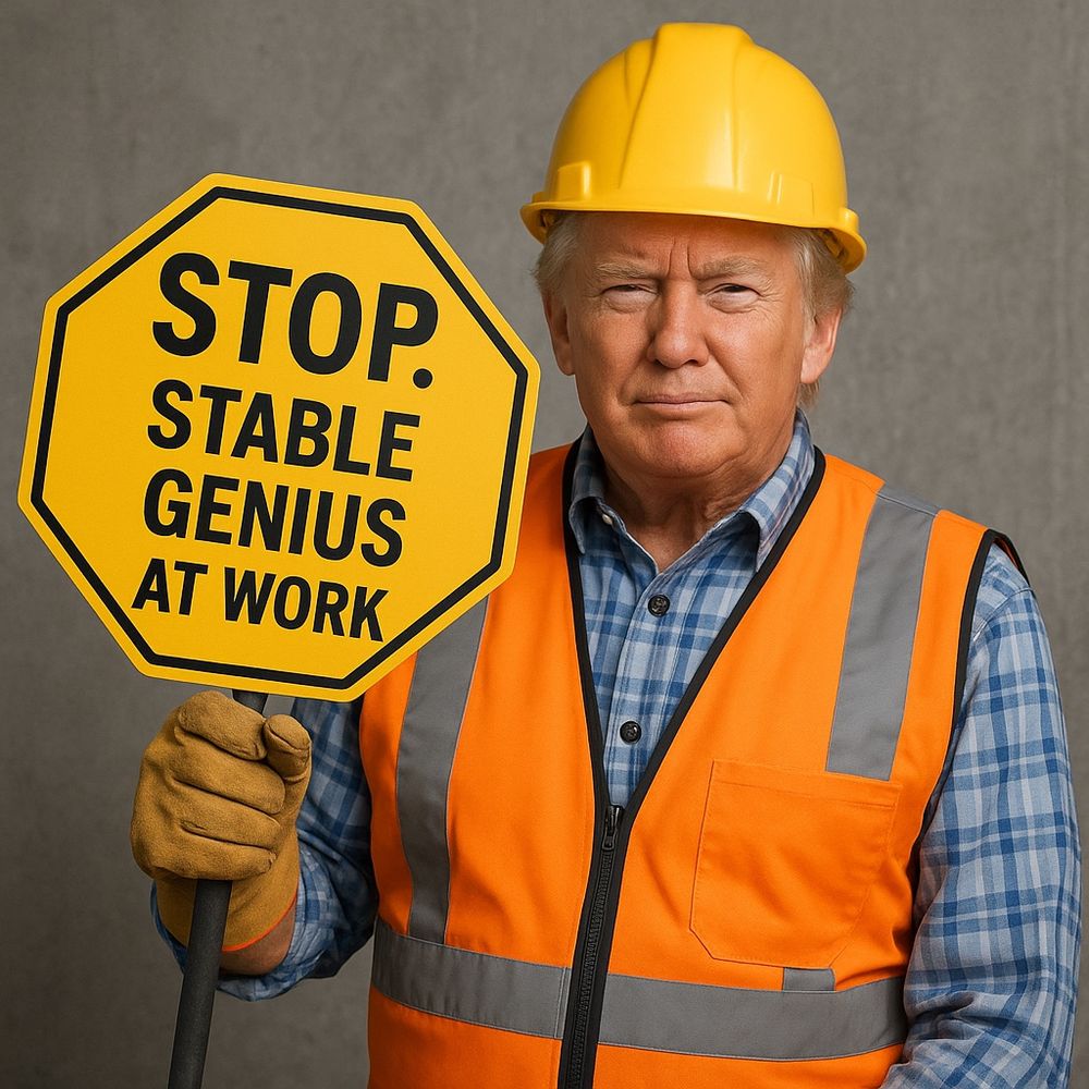 Trump holding traffic sign saying "Stable Genius at Work"