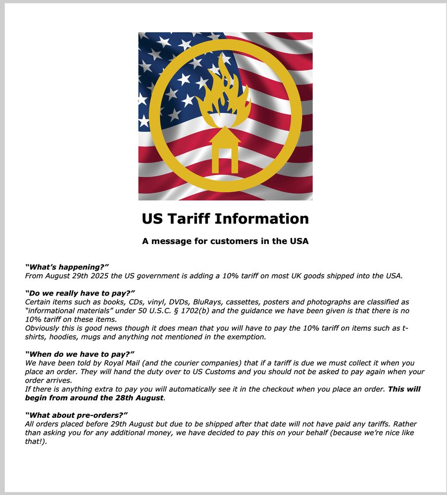 Notification from Burnshed in England that tariffs on items bought in the US will be collected from the buyer at the time of purchase...