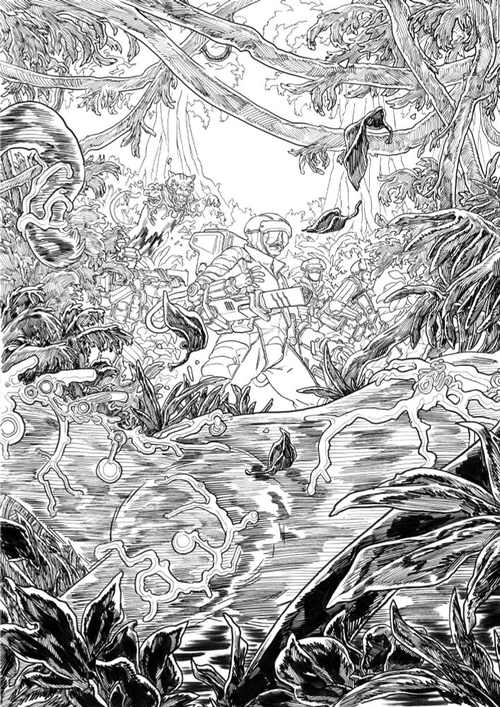 soldiers in the jungle ambushed by robot animals, linework