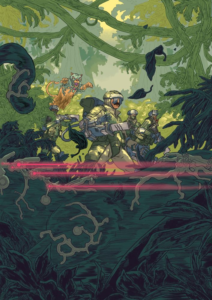 soldiers in the jungle ambushed by robot animals, colour