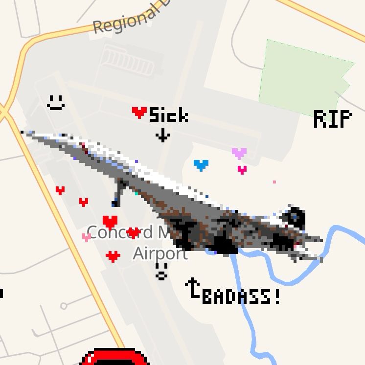 pixel art of the Concorde supersonic aircraft on the wplace map. it is surrounded by hearts of various colors and arrows saying “sick” and “badass!” and “RIP” 